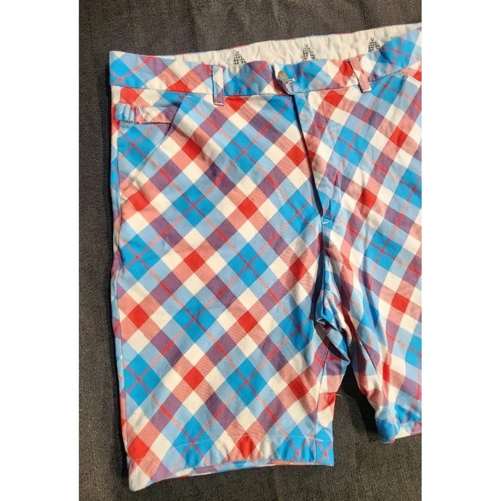 Royal & Awesome Golf Shorts Mens 36 Red Blue Plaid Cotton‎ Stretch Classic Fit